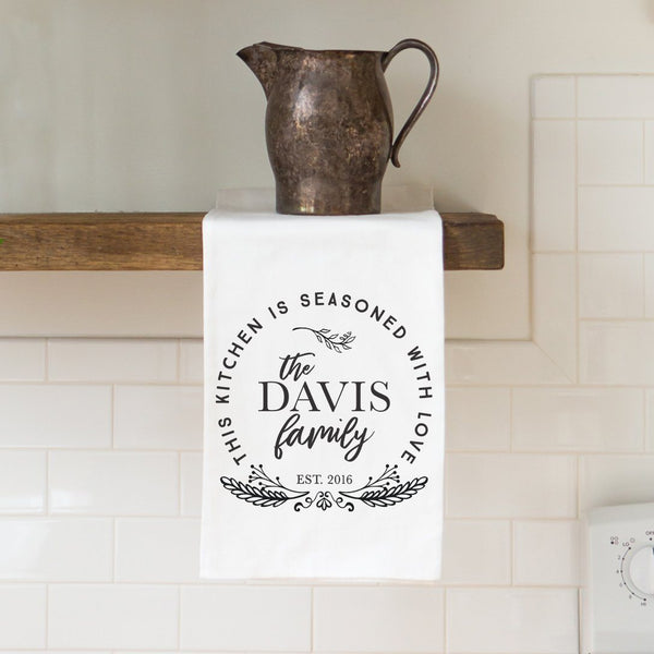 "Seasoned with Love" Family Name Tea Towel - Personalized Kitchen Towel
