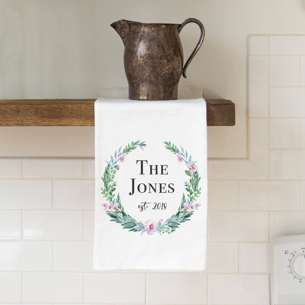 Last Name Watercolor Wreath Tea Towel - Personalized Kitchen Towel
