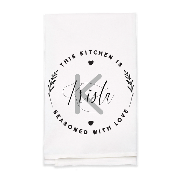 "Seasoned with Love" Monogram Tea Towel - Personalized Kitchen Towel