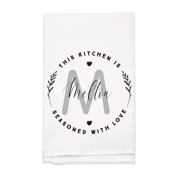 "Seasoned with Love" Monogram Tea Towel - Personalized Kitchen Towel