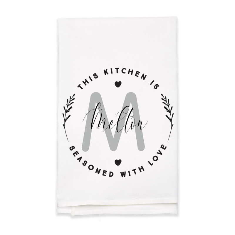 "Seasoned with Love" Monogram Tea Towel - Personalized Kitchen Towel
