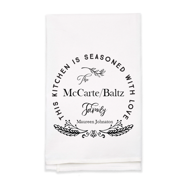 "Seasoned with Love" Family Name Tea Towel - Personalized Kitchen Towel
