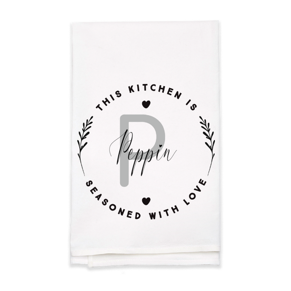 "Seasoned with Love" Monogram Tea Towel - Personalized Kitchen Towel