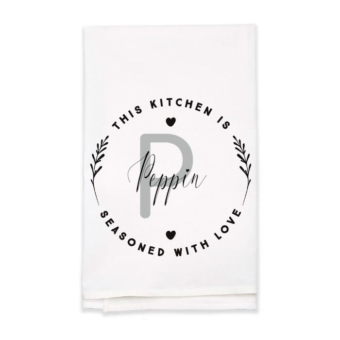 "Seasoned with Love" Monogram Tea Towel - Personalized Kitchen Towel