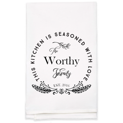 "Seasoned with Love" Family Name Tea Towel - Personalized Kitchen Towel