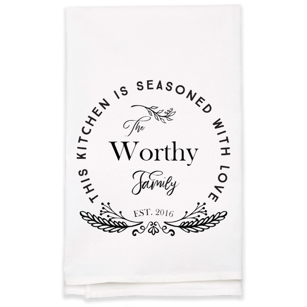 "Seasoned with Love" Family Name Tea Towel - Personalized Kitchen Towel