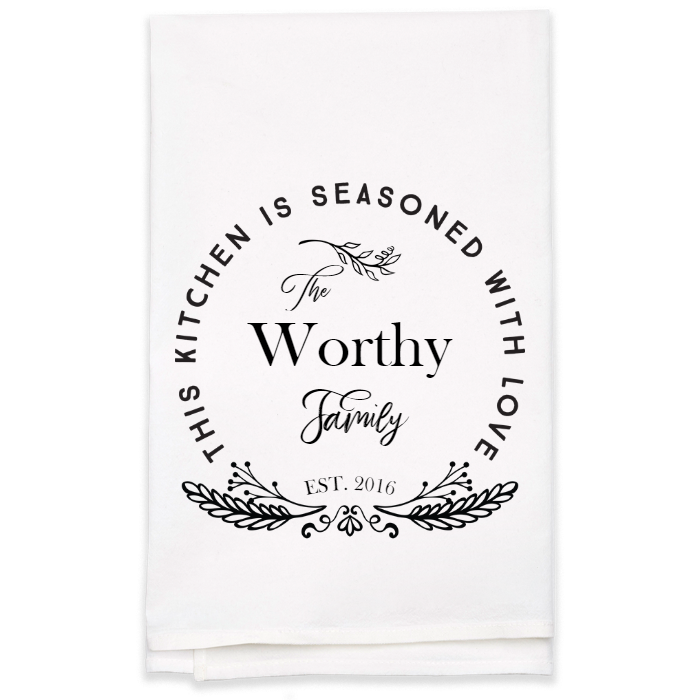 "Seasoned with Love" Family Name Tea Towel - Personalized Kitchen Towel