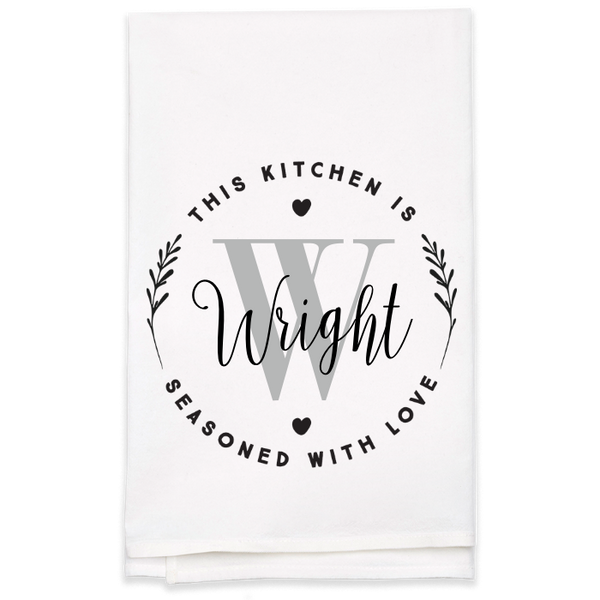 "Seasoned with Love" Monogram Tea Towel - Personalized Kitchen Towel
