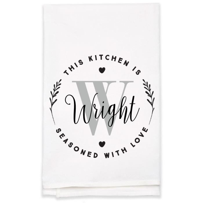 "Seasoned with Love" Monogram Tea Towel - Personalized Kitchen Towel