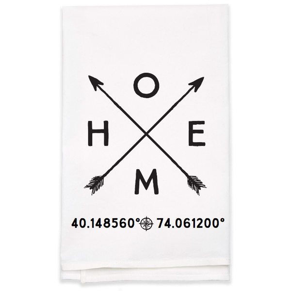 "Home" Tea Towel with Coordinates - Personalized Kitchen Towel