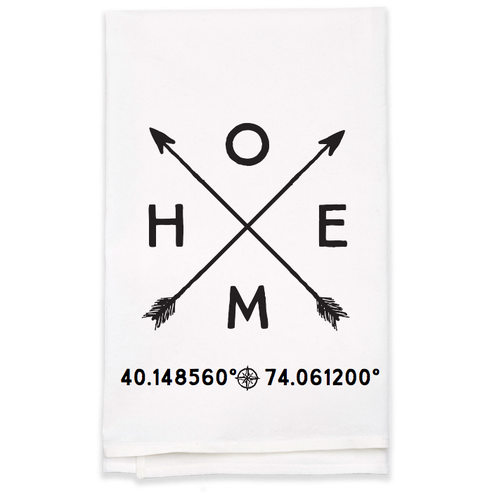"Home" Tea Towel with Coordinates - Personalized Kitchen Towel