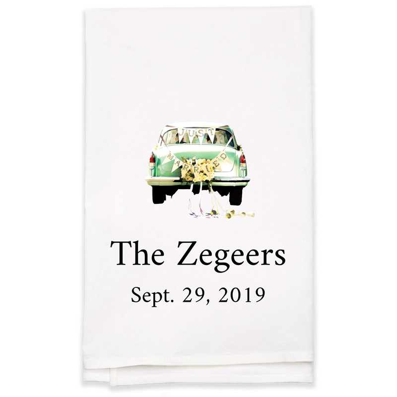 "Just Married" Car with Last Name Tea Towel - Personalized Kitchen Towel