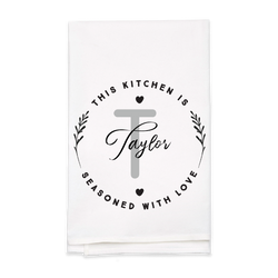 "Seasoned with Love" Monogram Tea Towel - Personalized Kitchen Towel