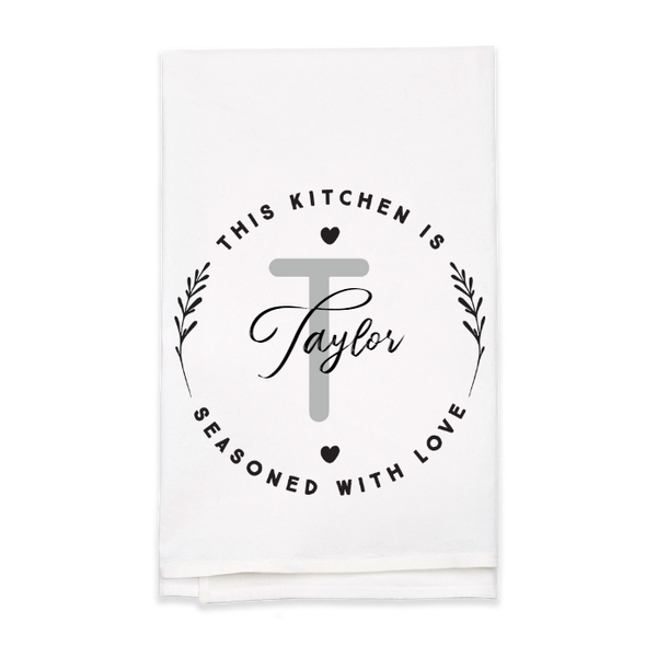 "Seasoned with Love" Monogram Tea Towel - Personalized Kitchen Towel