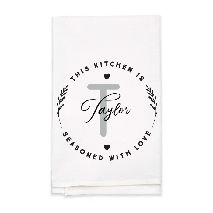 "Seasoned with Love" Monogram Tea Towel - Personalized Kitchen Towel