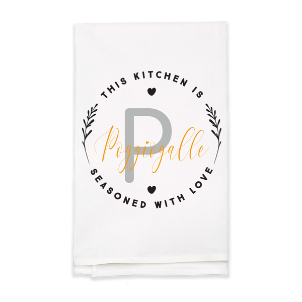 "Seasoned with Love" Monogram Tea Towel - Personalized Kitchen Towel