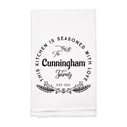 "Seasoned with Love" Family Name Tea Towel - Personalized Kitchen Towel