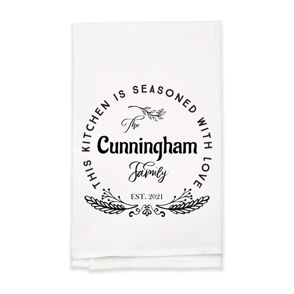 "Seasoned with Love" Family Name Tea Towel - Personalized Kitchen Towel