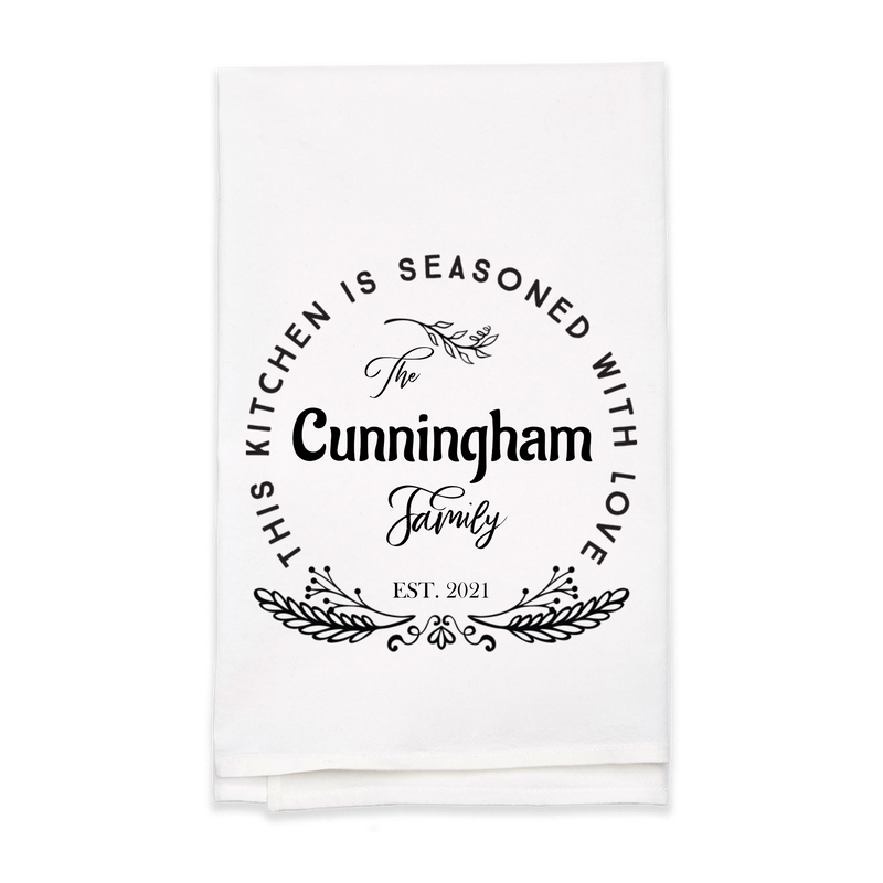 "Seasoned with Love" Family Name Tea Towel - Personalized Kitchen Towel