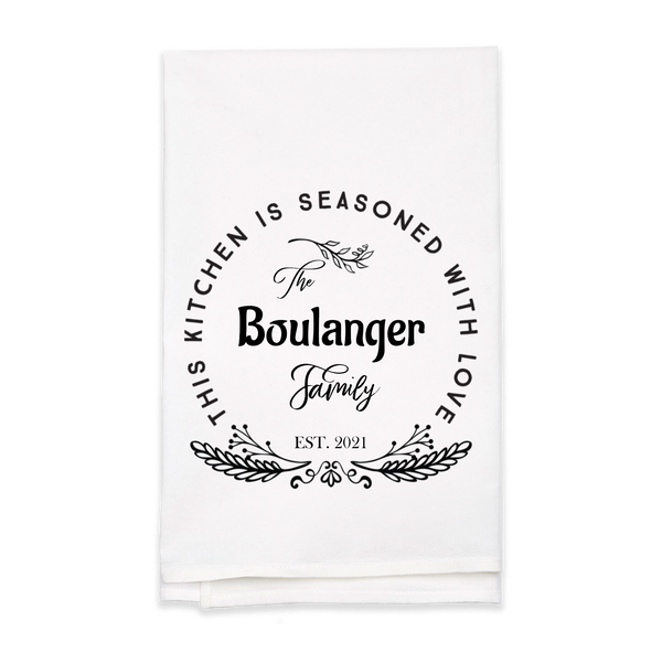 "Seasoned with Love" Family Name Tea Towel - Personalized Kitchen Towel