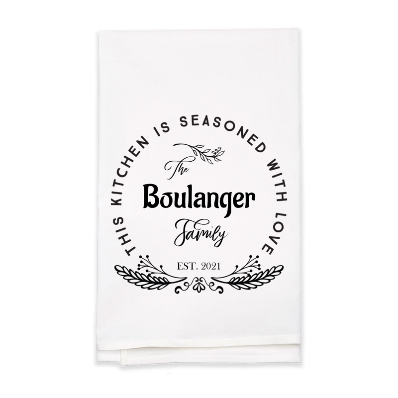 "Seasoned with Love" Family Name Tea Towel - Personalized Kitchen Towel