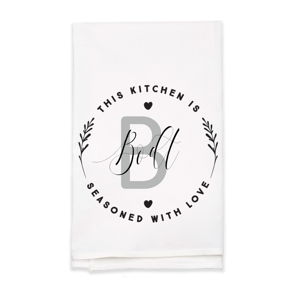 "Seasoned with Love" Monogram Tea Towel - Personalized Kitchen Towel