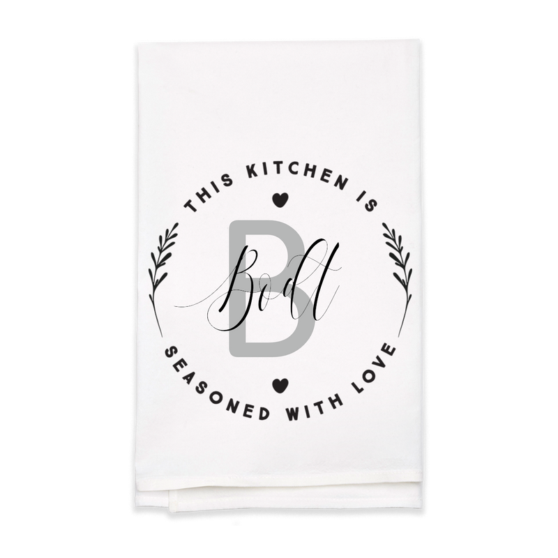 "Seasoned with Love" Monogram Tea Towel - Personalized Kitchen Towel