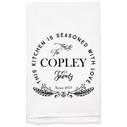"Seasoned with Love" Family Name Tea Towel - Personalized Kitchen Towel