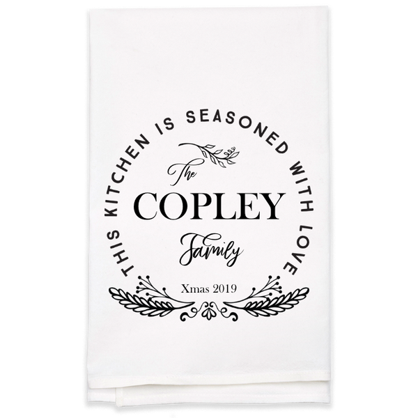 "Seasoned with Love" Family Name Tea Towel - Personalized Kitchen Towel
