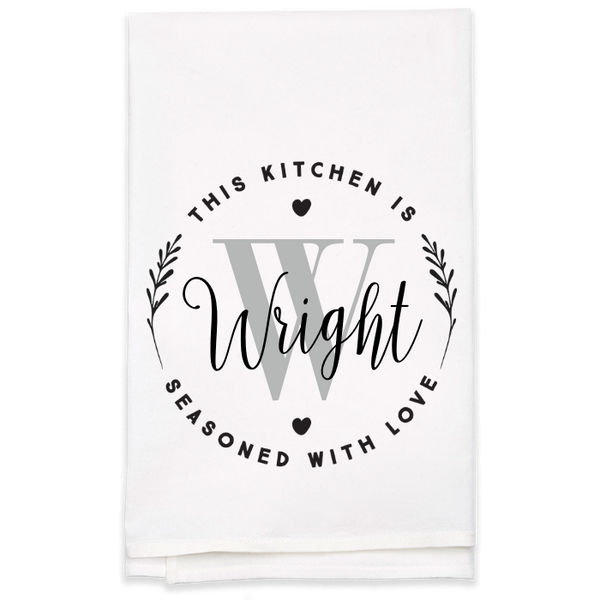 "Seasoned with Love" Monogram Tea Towel - Personalized Kitchen Towel