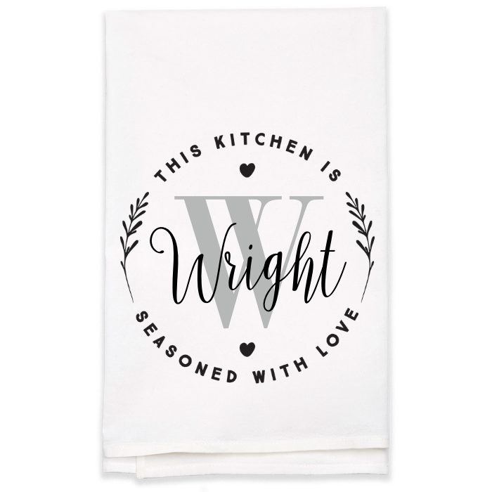 "Seasoned with Love" Monogram Tea Towel - Personalized Kitchen Towel