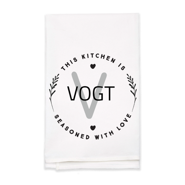 "Seasoned with Love" Monogram Tea Towel - Personalized Kitchen Towel