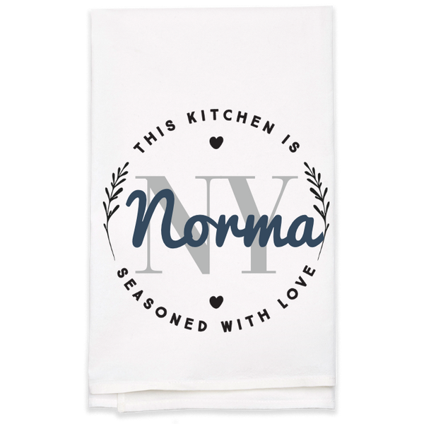 "Seasoned with Love" Monogram Tea Towel - Personalized Kitchen Towel