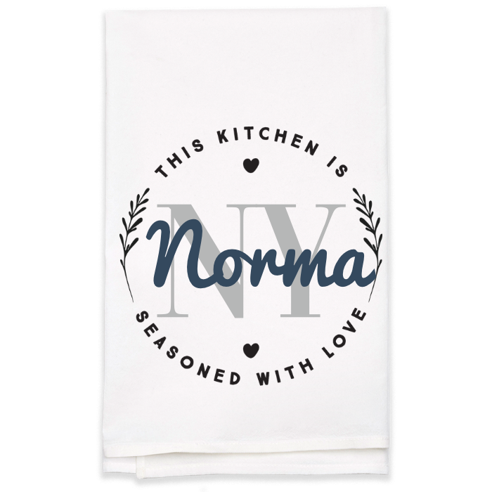 "Seasoned with Love" Monogram Tea Towel - Personalized Kitchen Towel