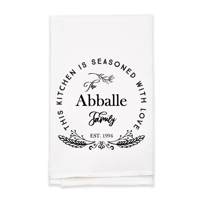 "Seasoned with Love" Family Name Tea Towel - Personalized Kitchen Towel