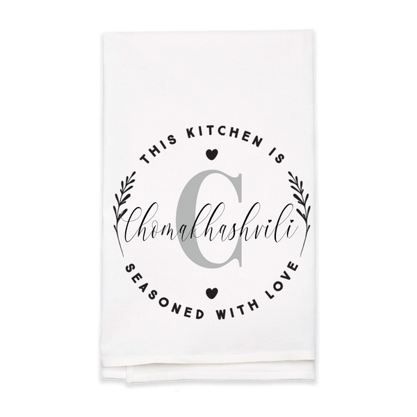 "Seasoned with Love" Monogram Tea Towel - Personalized Kitchen Towel