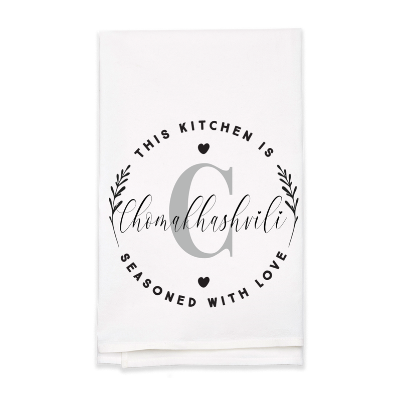 "Seasoned with Love" Monogram Tea Towel - Personalized Kitchen Towel