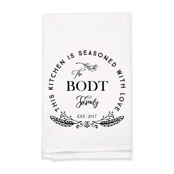 "Seasoned with Love" Family Name Tea Towel - Personalized Kitchen Towel