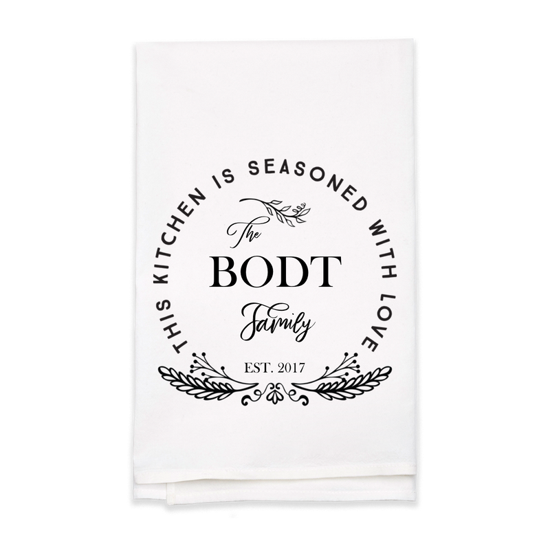 "Seasoned with Love" Family Name Tea Towel - Personalized Kitchen Towel