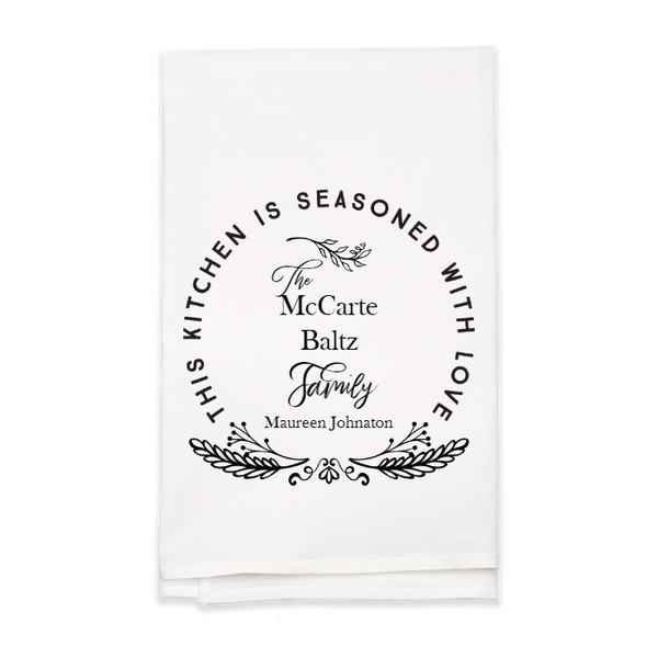 "Seasoned with Love" Family Name Tea Towel - Personalized Kitchen Towel
