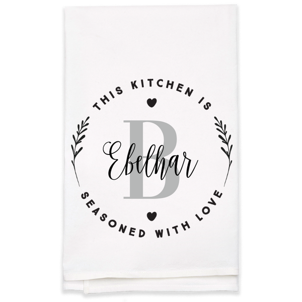 "Seasoned with Love" Monogram Tea Towel - Personalized Kitchen Towel
