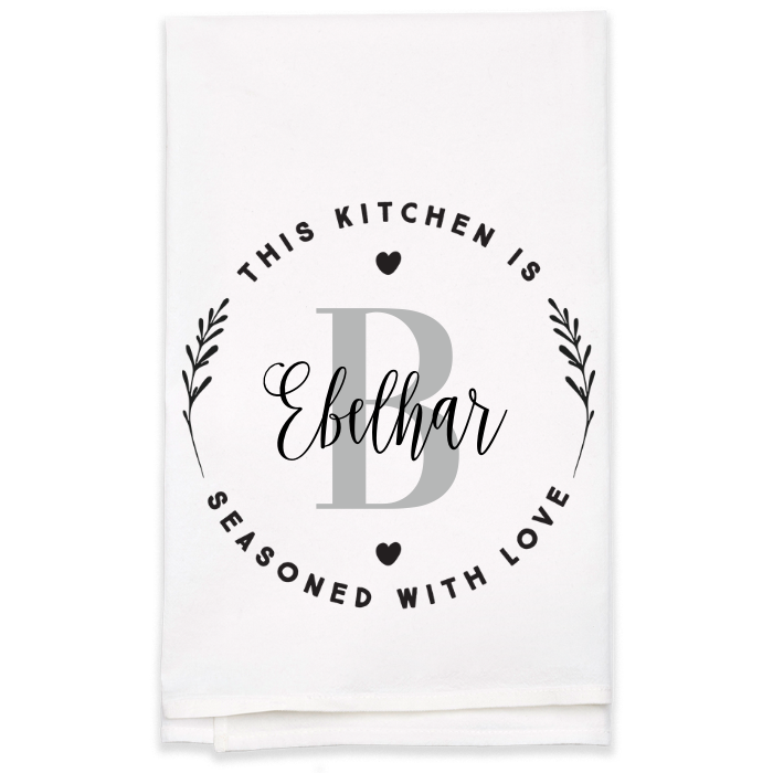 "Seasoned with Love" Monogram Tea Towel - Personalized Kitchen Towel