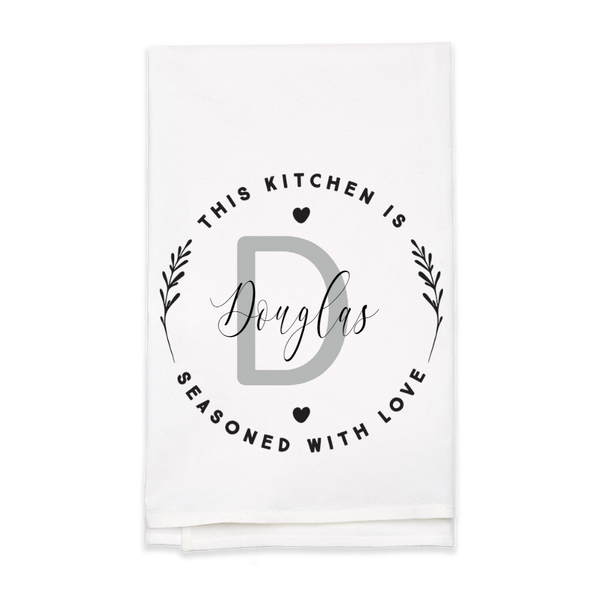 "Seasoned with Love" Monogram Tea Towel - Personalized Kitchen Towel