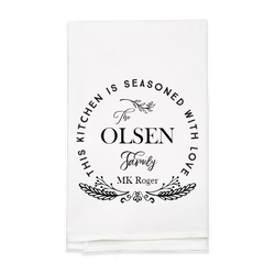 "Seasoned with Love" Family Name Tea Towel - Personalized Kitchen Towel