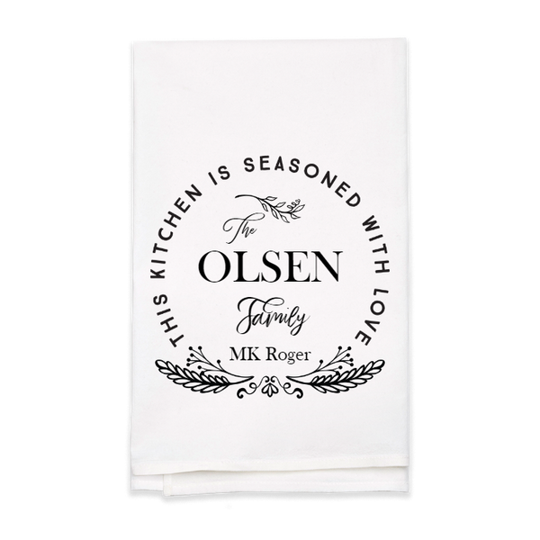"Seasoned with Love" Family Name Tea Towel - Personalized Kitchen Towel