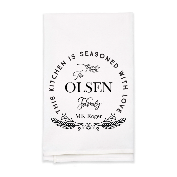 "Seasoned with Love" Family Name Tea Towel - Personalized Kitchen Towel