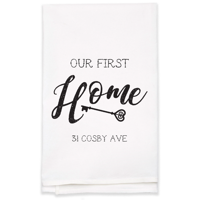 "Our First Home" Address Tea Towel - Personalized Kitchen Towel