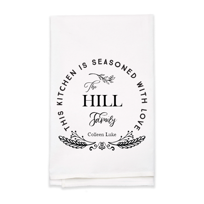"Seasoned with Love" Family Name Tea Towel - Personalized Kitchen Towel