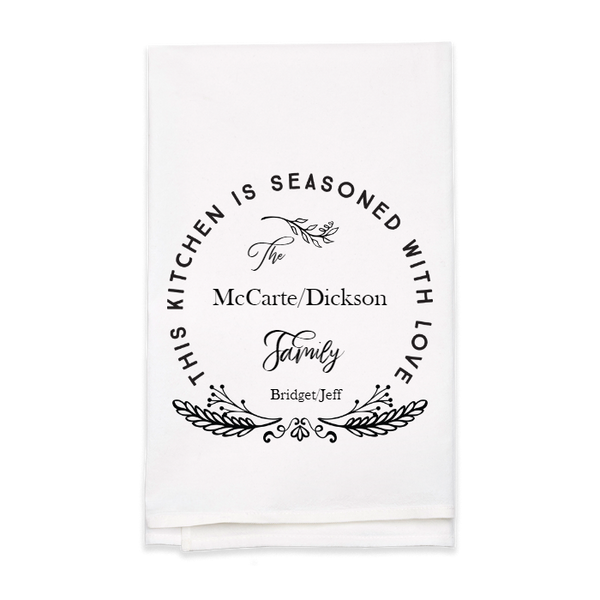 "Seasoned with Love" Family Name Tea Towel - Personalized Kitchen Towel