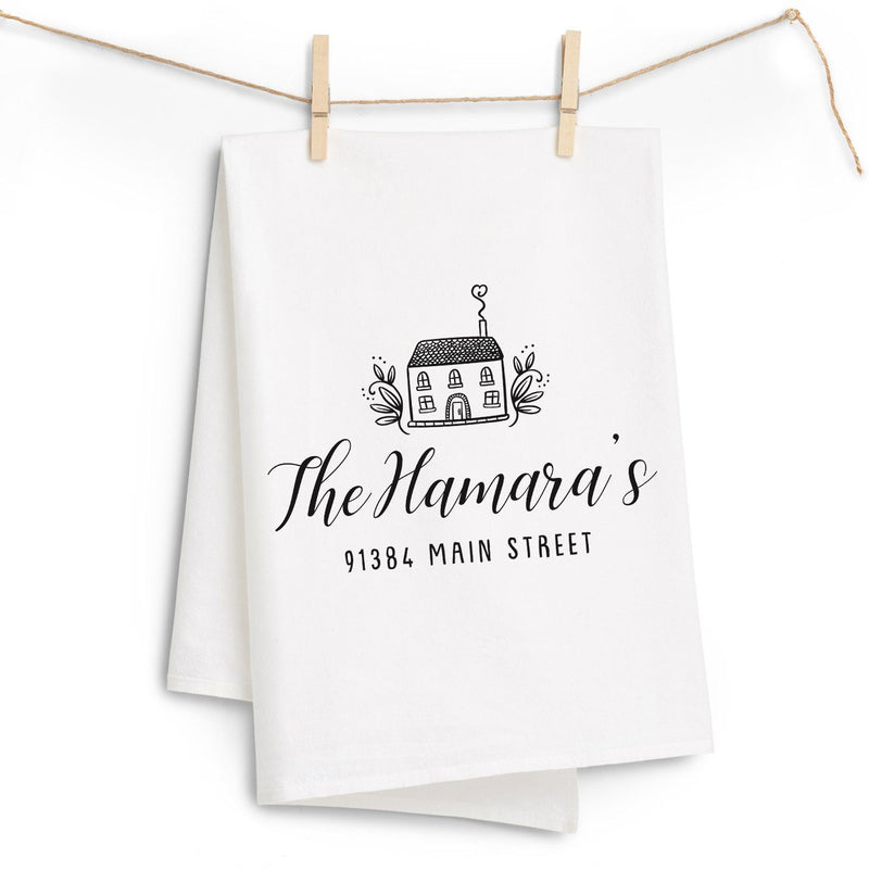 Last Name & Address Tea Towel with House - Personalized Kitchen Towel